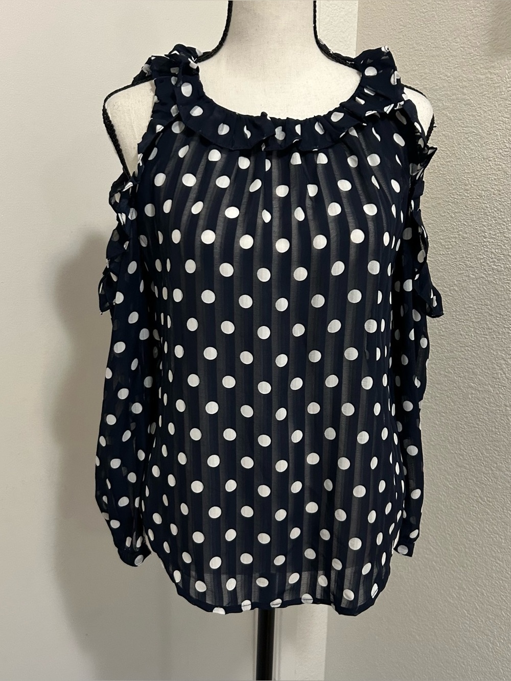 Polka Dot Cold Shoulder Blouse Navy Blue White Ruffle Neck Top Small Romantic